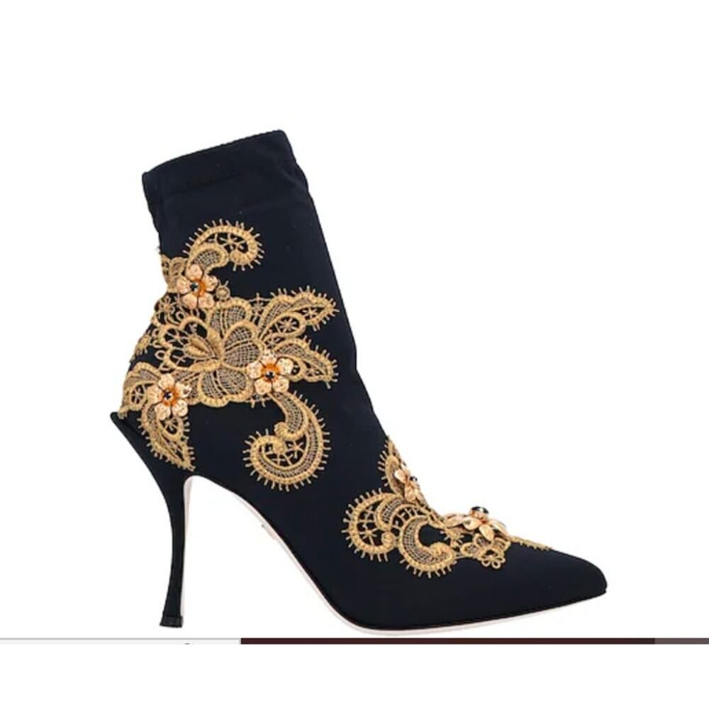 DOLCE & GABBANA Lori embellished lace-appliquéd Sock Bootie Boots 37.5 NIB 1,995